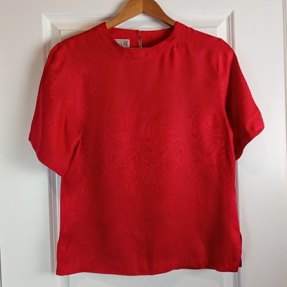 Christie & Jill Red Silk Paisley Jacquard Blouse